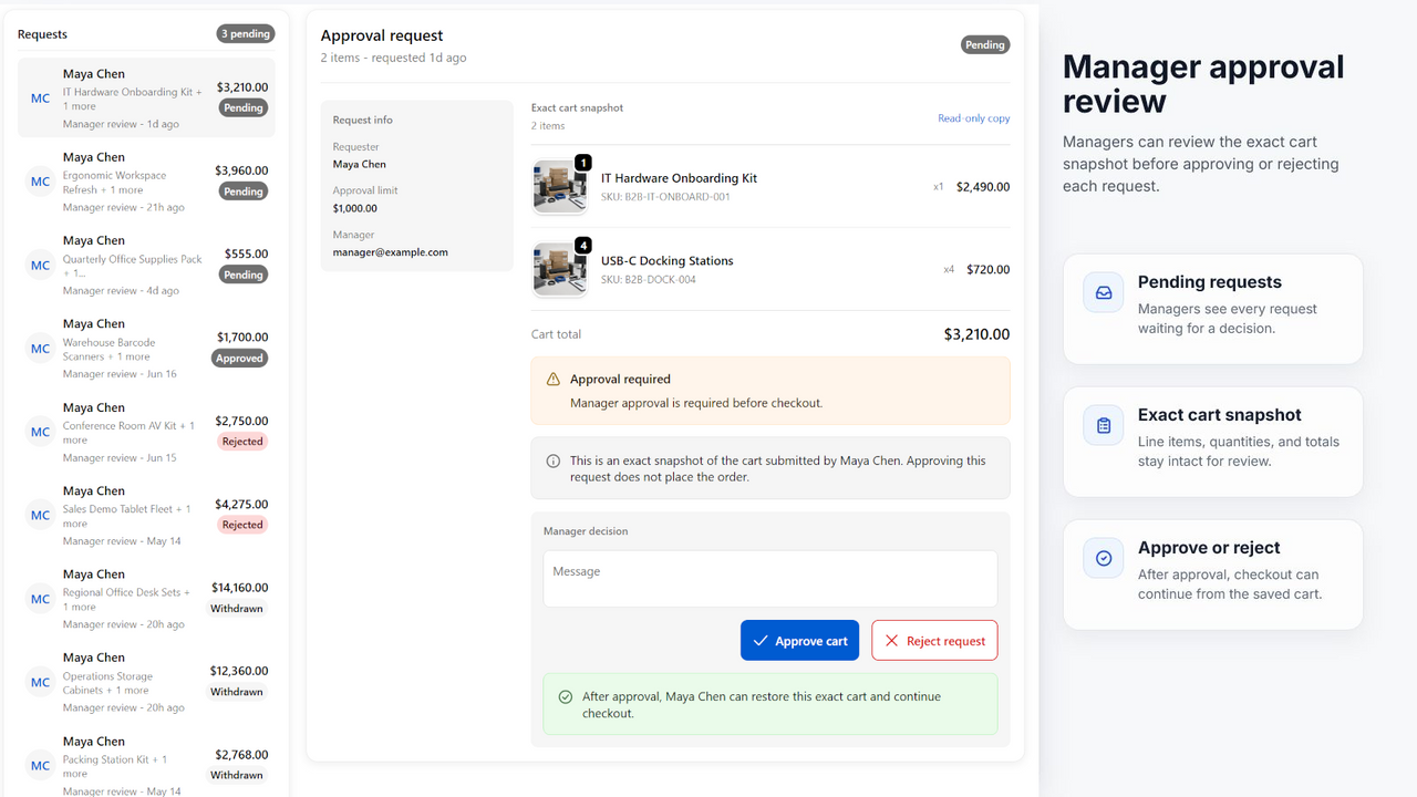 ApproveCart approver review interface showing requested items and decision controls